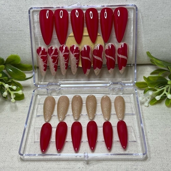 Long Stiletto Valentine’s Day red hearts and gold press on nails set of 26 - Picture 1 of 5